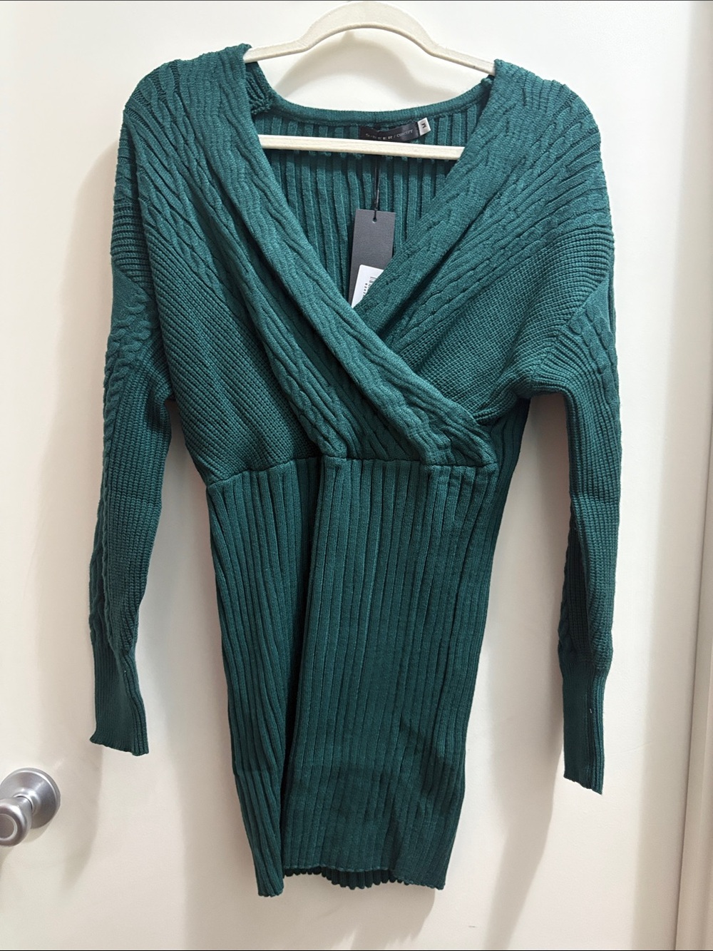 Womenโs Deep Teal Ribbed Wrap Knit Mini Dress